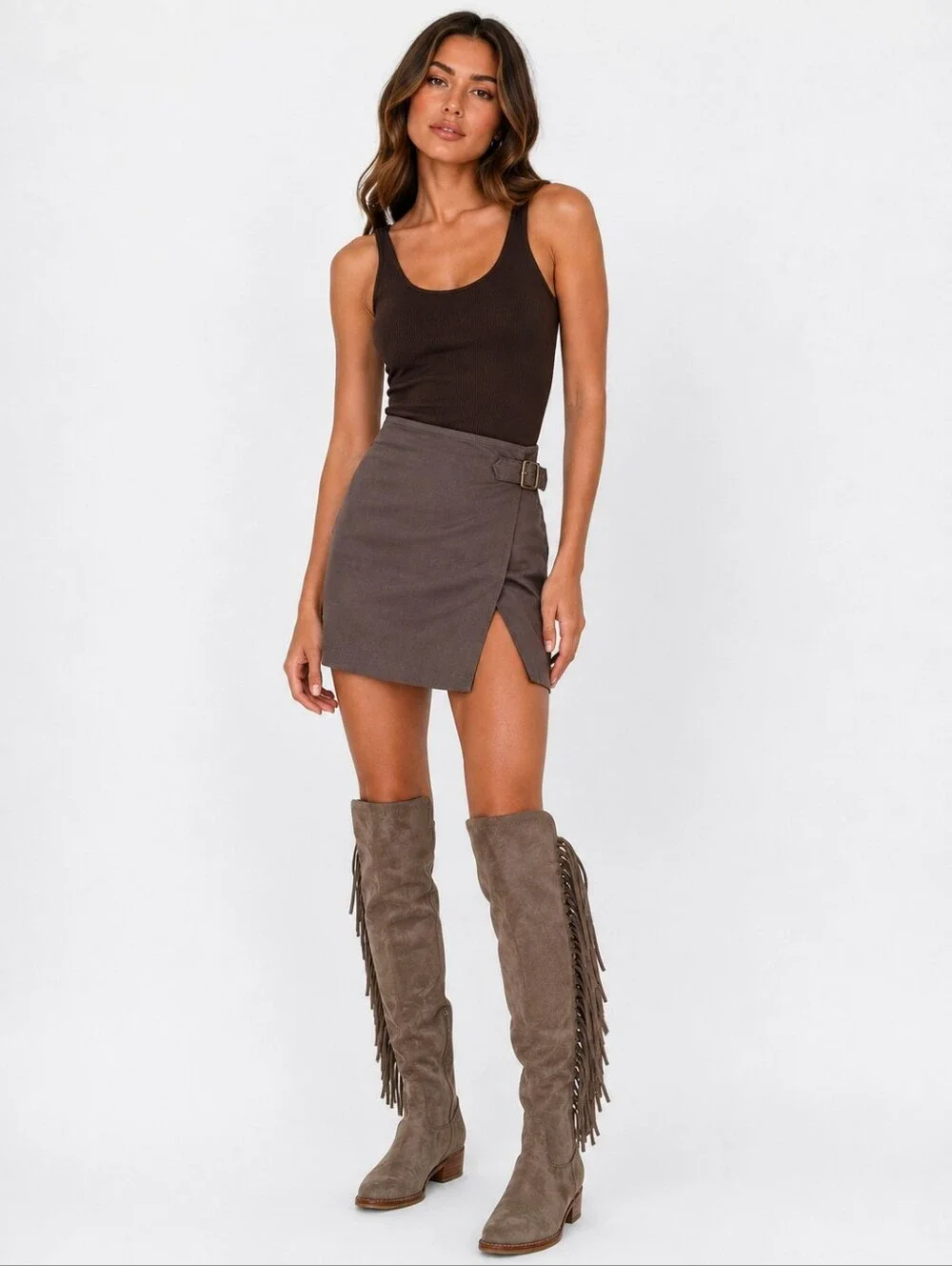 Stuart Weitzman Mane Fringe Over the Knee Suede Boots Size 5 Taupe Beige